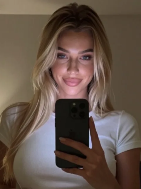Hailey, blonde AI girlfriend taking a mirror selfie