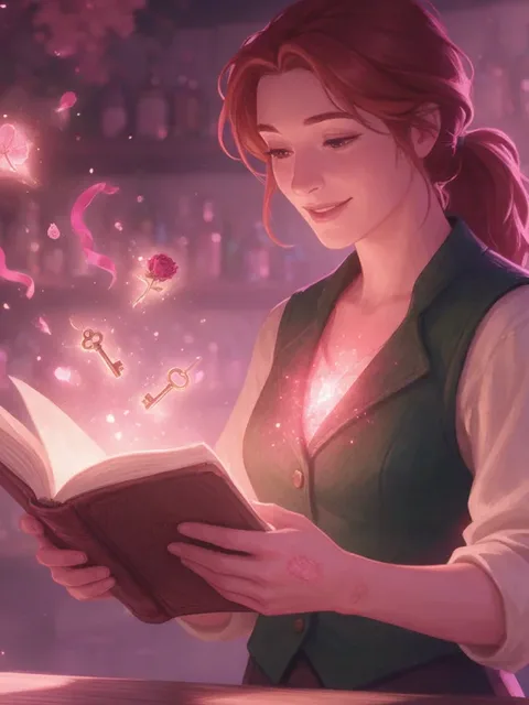 Iris, illustrated fantasy AI girlfriend reading a spellbook